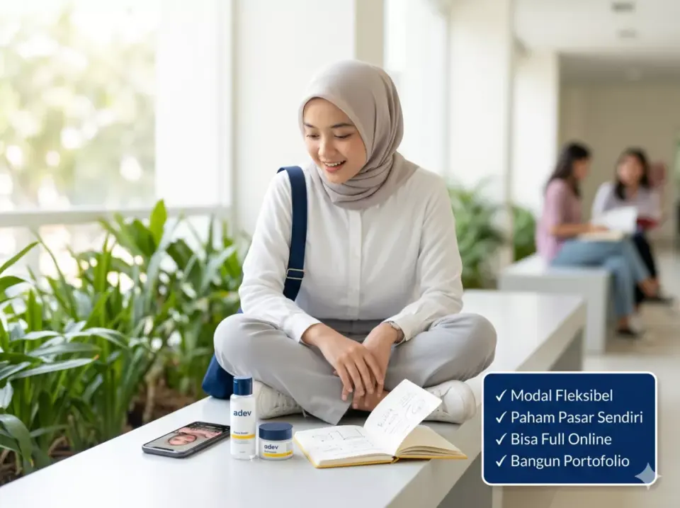 Mahasiswi berhijab duduk santai dengan produk skincare adev dan catatan bisnis, menunjukkan peluang usaha kecantikan