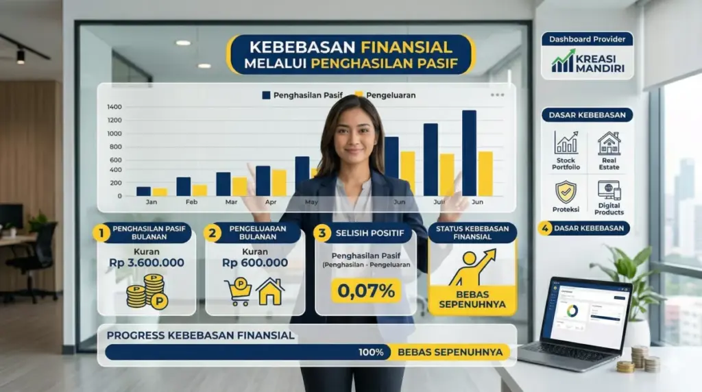 Ilustrasi kebebasan finansial dengan penghasilan pasif yang melampaui pengeluaran