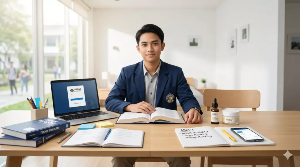 Mahasiswa duduk di meja belajar dengan buku kuliah di satu sisi dan produk kosmetik di sisi lain, menggambarkan kuliah sambil bisnis