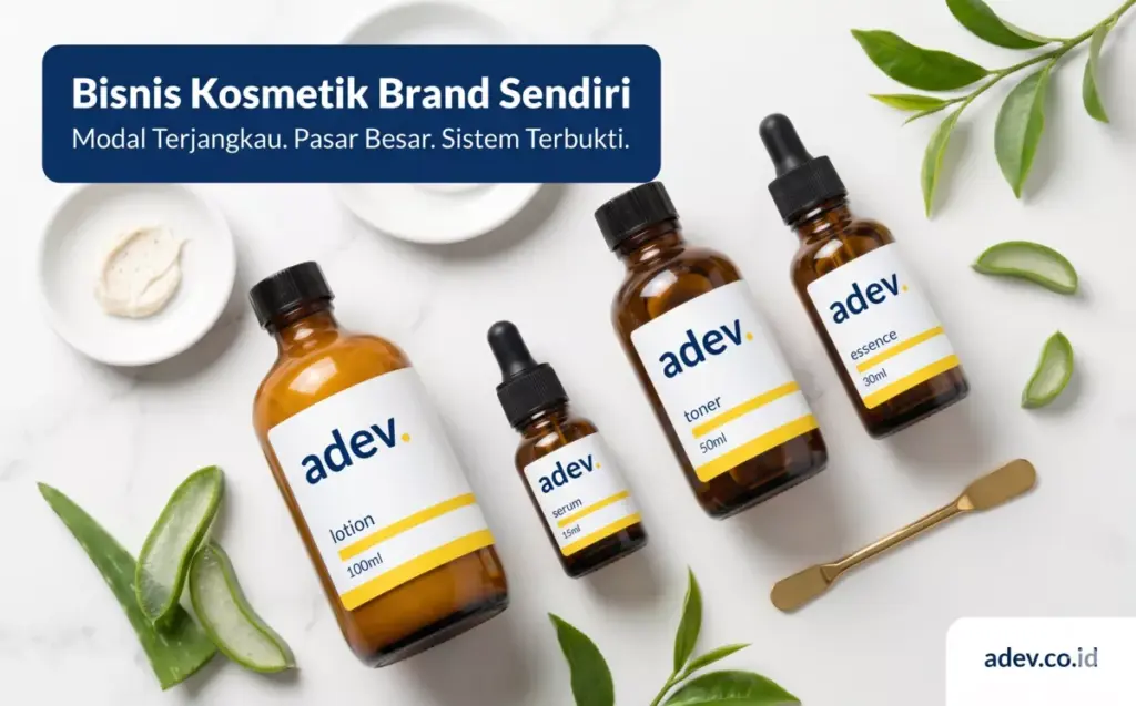 Produk skincare brand adev tersusun rapi sebagai contoh bisnis kosmetik brand sendiri berpotensi omset ratusan juta