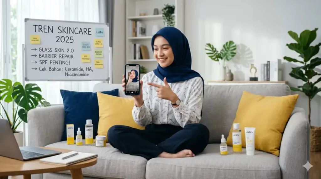 Mahasiswi berhijab menganalisis tren skincare di smartphone sambil dikelilingi produk kosmetik adev, keunggulan mahasiswa berbisnis kosmetik