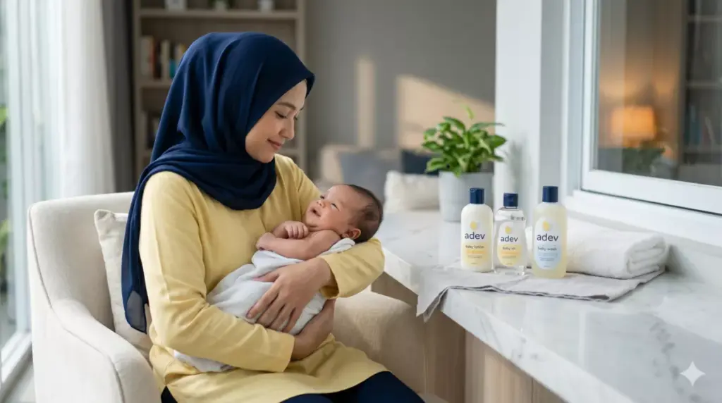 Ibu berhijab menggendong bayi di samping produk perawatan bayi adev — panduan bisnis produk perawatan bayi