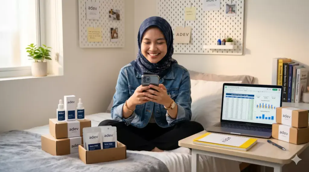 Mahasiswi berhijab menjalankan bisnis skincare dari kamar kos dengan produk siap kirim