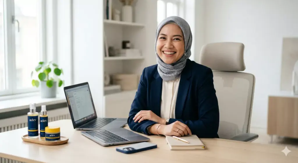 ibu rumah tangga berhijab menjalankan bisnis dari rumah dengan laptop dan produk skincare adev