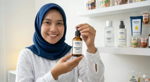 Ibu rumah tangga berhijab memegang produk skincare brand sendiri hasil maklon PT Adev Natural Indonesia