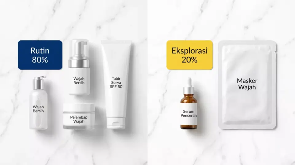 Flat lay dua kelompok produk skincare: 80% budget rutin dan 20% budget eksplorasi di atas permukaan marmer putih
