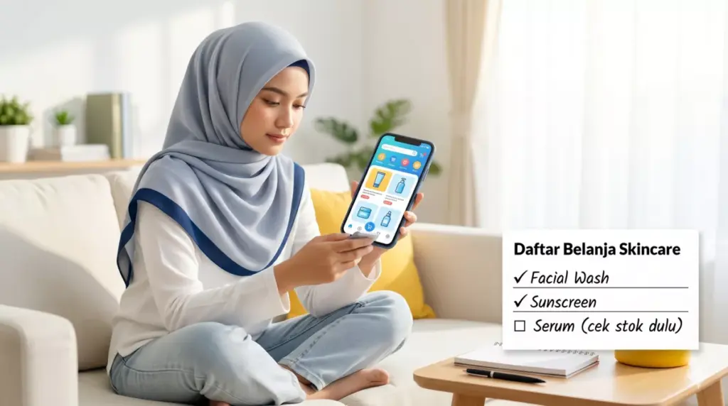 Wanita berhijab memegang ponsel sambil mengecek daftar belanja skincare tertulis untuk mengontrol pengeluaran