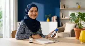 ibu rumah tangga berhijab tersenyum pegang hp dan produk skincare adev di meja rumah modern