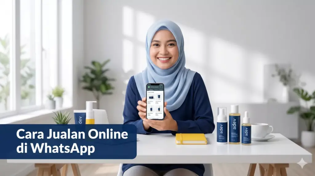 Perempuan berhijab jualan online skincare lewat WhatsApp Business dari rumah