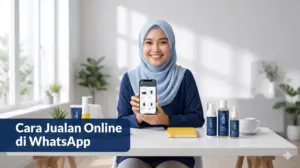 Perempuan berhijab jualan online skincare lewat WhatsApp Business dari rumah