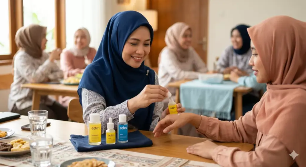 Penjual skincare berhijab memberikan tester produk adev kepada anggota arisan dengan pendekatan soft selling