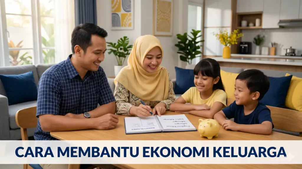 Keluarga Indonesia merencanakan ekonomi keluarga bersama di meja makan dengan buku catatan keuangan