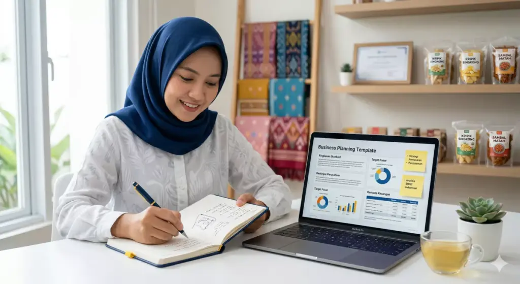 Ibu rumah tangga berhijab menulis rencana bisnis untuk memulai usaha modal kecil untung besar di rumah