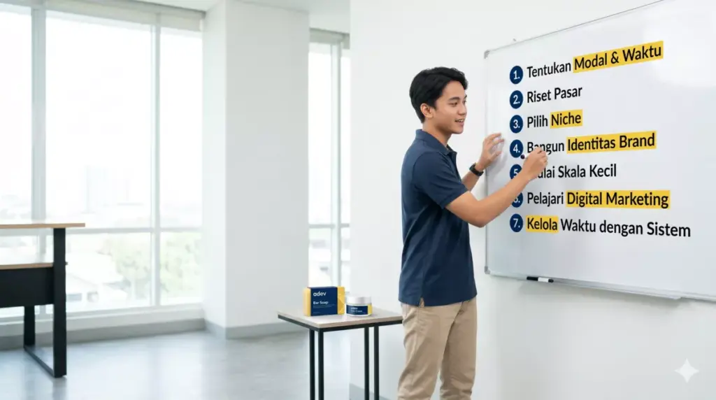 Mahasiswa menunjuk peta 7 langkah memulai usaha kecantikan di whiteboard dengan produk skincare adev di meja