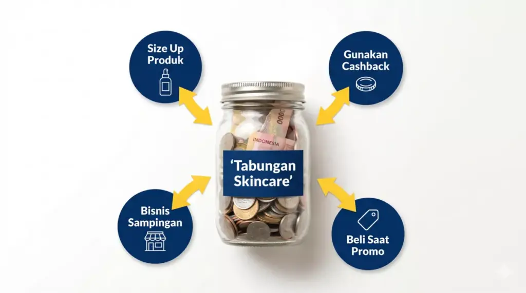 Infografis cara menambah budget skincare bulanan: size up produk, cashback, promo harbolnas, dan bisnis sampingan