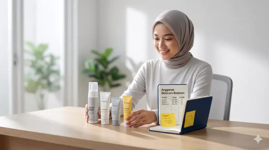 Wanita berhijab mengatur budget skincare bulanan di meja kerja bersih dengan produk skincare dan buku catatan anggaran