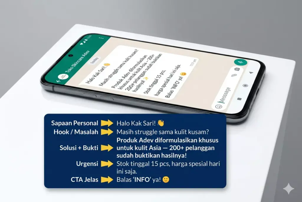 Mockup template copywriting broadcast WhatsApp dengan anotasi struktur pesan jualan yang efektif