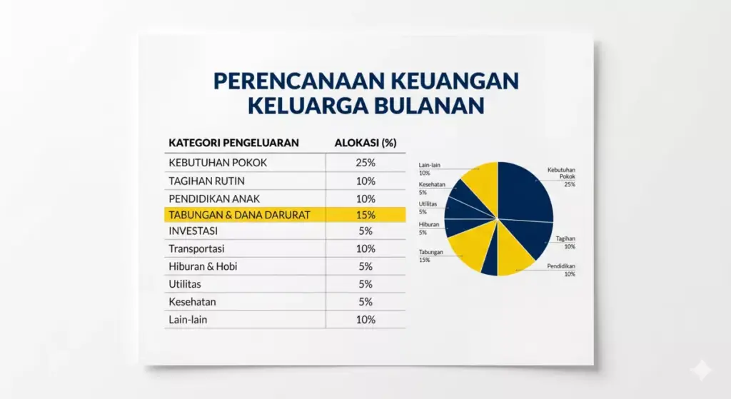 Contoh tabel perencanaan keuangan keluarga bulanan dengan alokasi kebutuhan pokok, tabungan, dan investasi