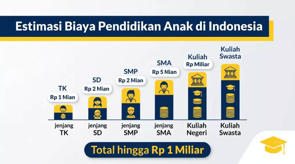 Infografis estimasi biaya pendidikan anak Indonesia dari TK hingga kuliah swasta, total hingga Rp 1 miliar
