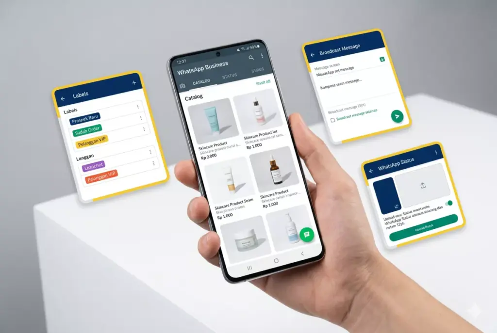Mockup fitur WhatsApp Business: katalog produk, label kontak, dan broadcast pesan untuk jualan