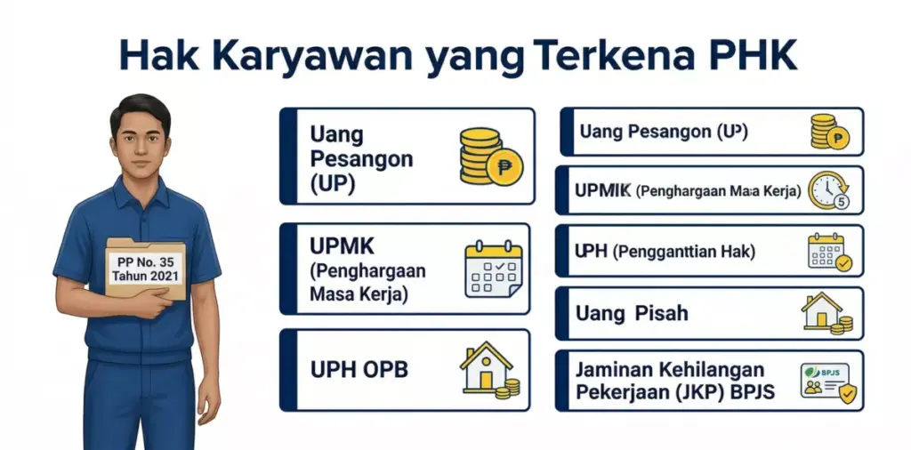 Infografis hak karyawan yang terkena PHK: uang pesangon, UPMK, UPH, uang pisah, dan jaminan kehilangan pekerjaan BPJS Ketenagakerjaan