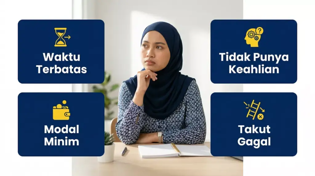 infografis 4 hambatan ibu rumah tangga saat mulai usaha: waktu terbatas, modal minim, tidak punya keahlian, takut gagal