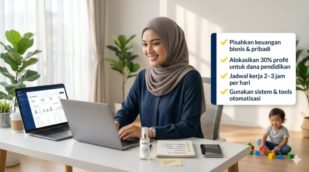 Ibu berhijab mengelola bisnis private label skincare adev dari rumah sambil menjaga anak, tips manajemen waktu bisnis
