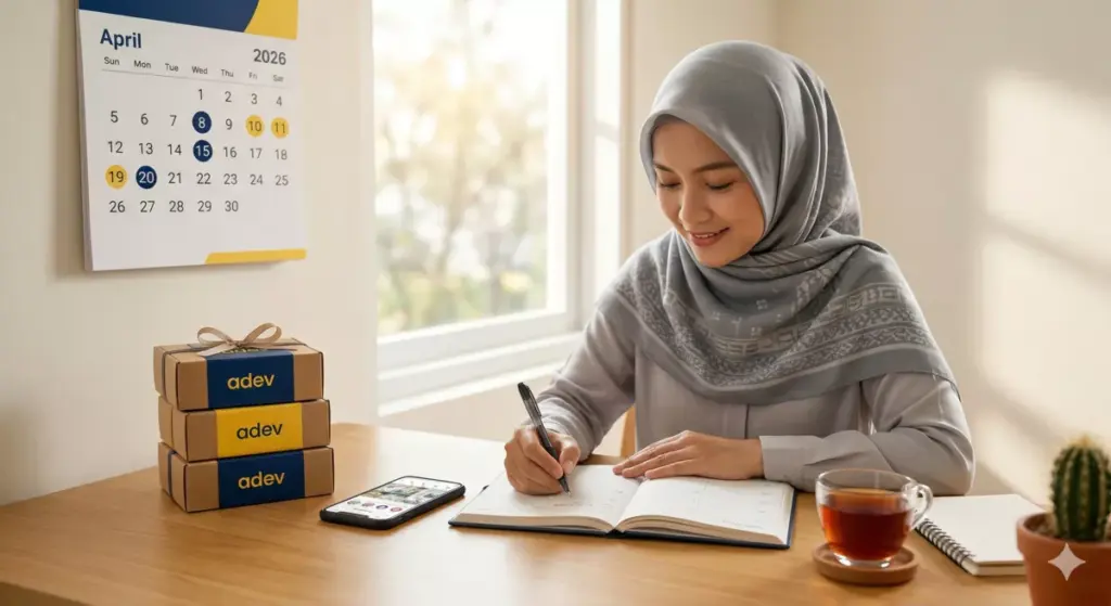 ibu rumah tangga berhijab menulis jadwal bisnis di planner dengan produk adev di atas meja kerja rumah
