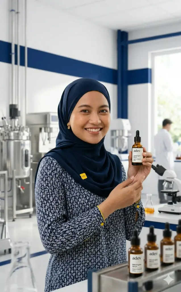 ibu rumah tangga berhijab pegang produk skincare berlabel adev hasil jasa maklon pt adev natural indonesia
