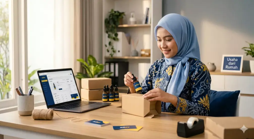 Ibu rumah tangga berhijab menjalankan usaha skincare dari rumah sebagai cara membantu ekonomi keluarga