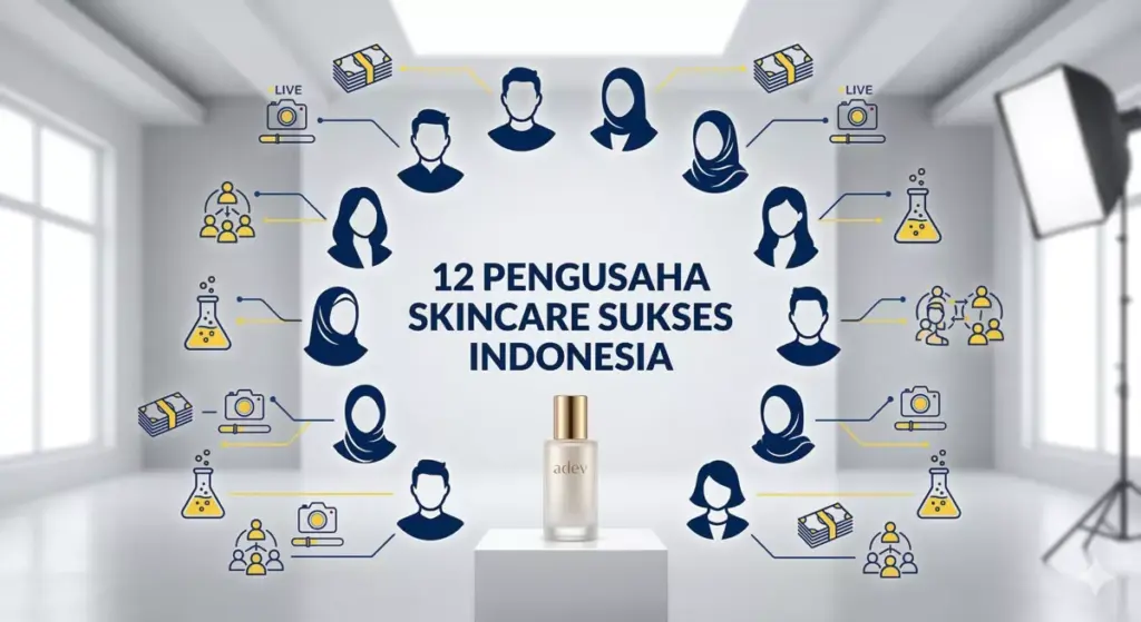 Kolase infografis 12 pengusaha skincare sukses Indonesia yang menggambarkan peran modal, komunitas, dan inovasi produk.