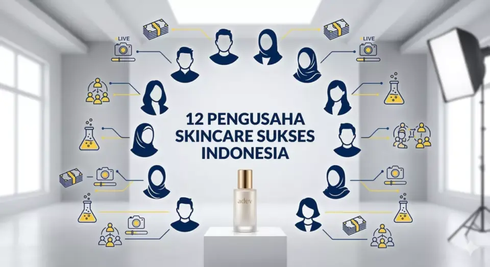 Kolase infografis 12 pengusaha skincare sukses Indonesia yang menggambarkan peran modal, komunitas, dan inovasi produk.