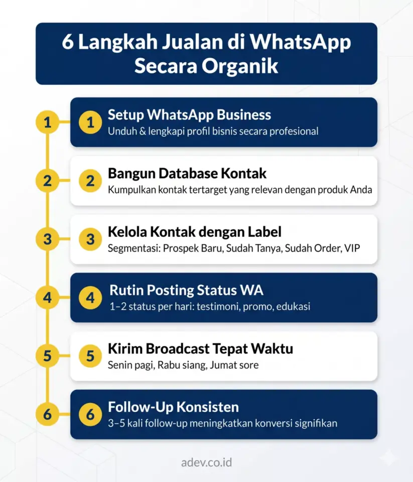 Infografis 6 langkah cara jualan online di WhatsApp secara organik tanpa iklan berbayar