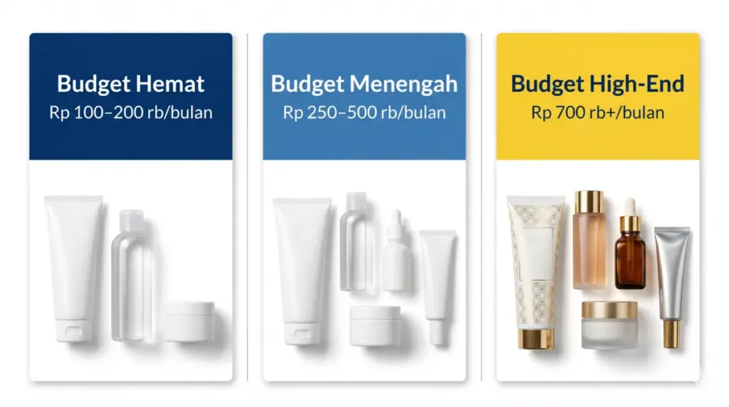 Infografis tiga level alokasi budget skincare: hemat Rp100–200 ribu, menengah Rp250–500 ribu, dan high-end Rp700 ribu per bulan