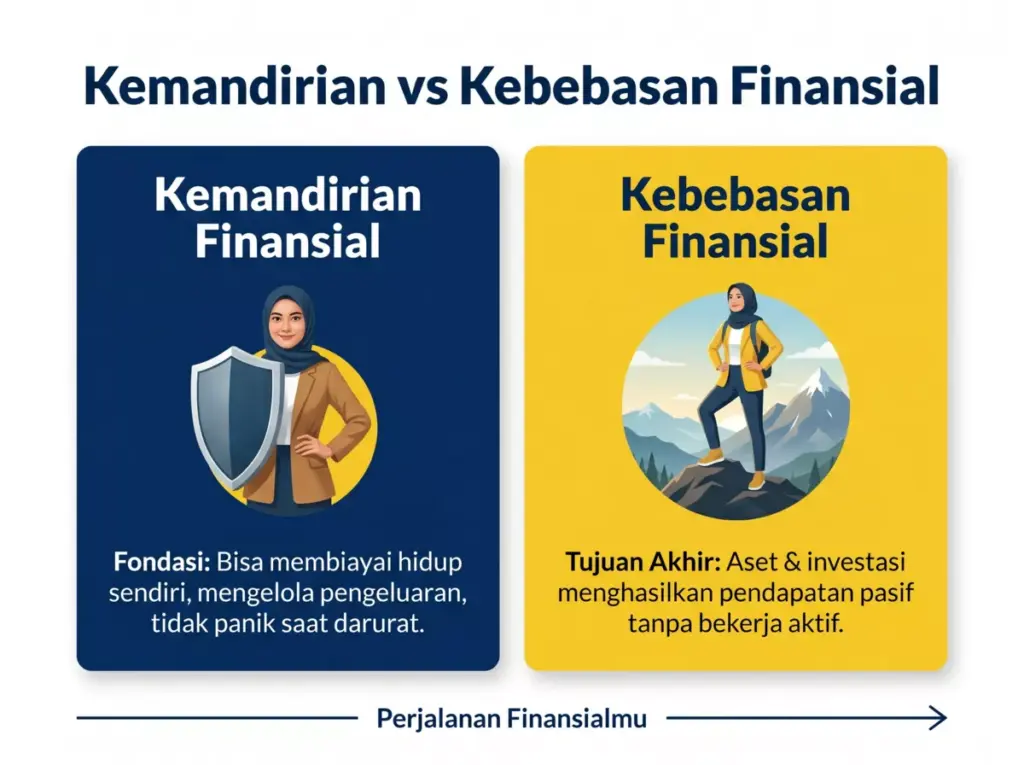 Infografis perbedaan kemandirian finansial sebagai fondasi dan kebebasan finansial sebagai tujuan