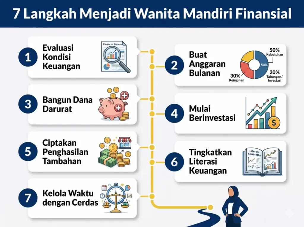 Infografis roadmap 7 langkah nyata menjadi wanita mandiri finansial dari evaluasi keuangan hingga investasi