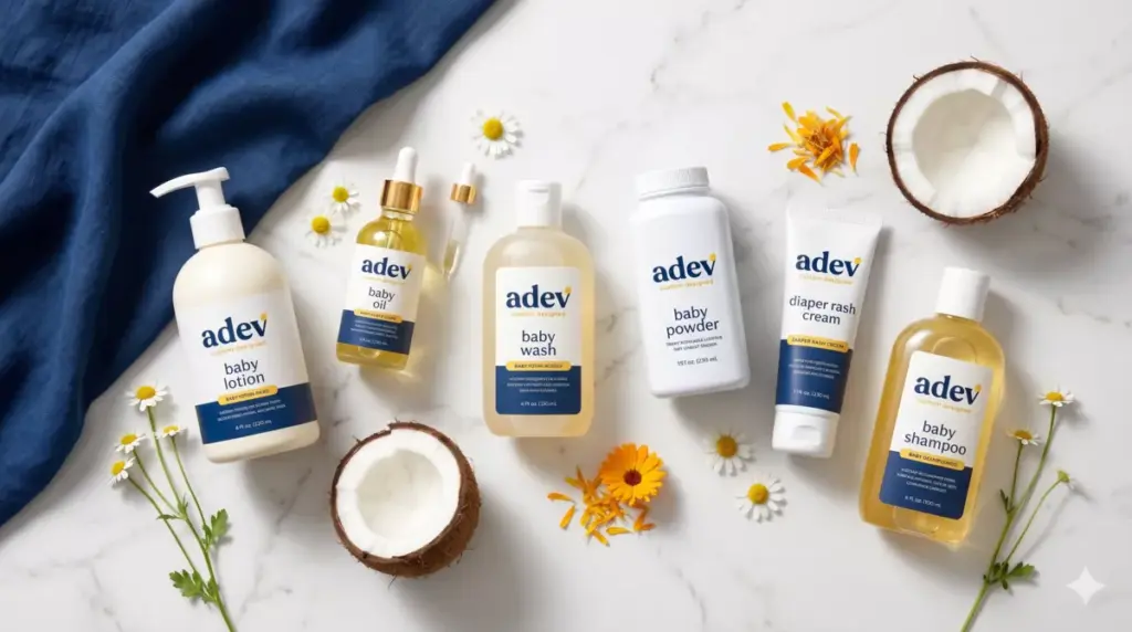 Flatlay produk perawatan bayi paling menguntungkan: lotion, oil, baby wash, bedak, dan diaper cream berlabel adev