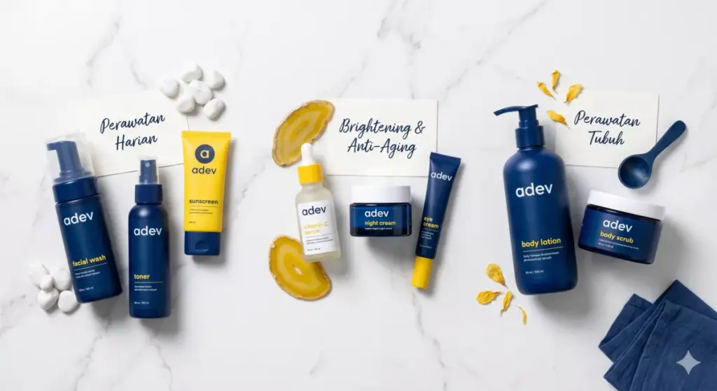 Berbagai jenis produk skincare adev yang cocok dijual di arisan, dari perawatan harian hingga anti-aging