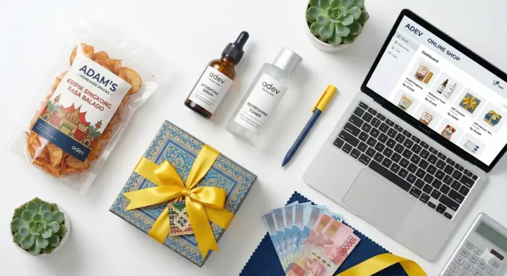 Flat lay berbagai jenis usaha ibu rumah tangga modal kecil untung besar: camilan, skincare adev, hampers, dan toko online
