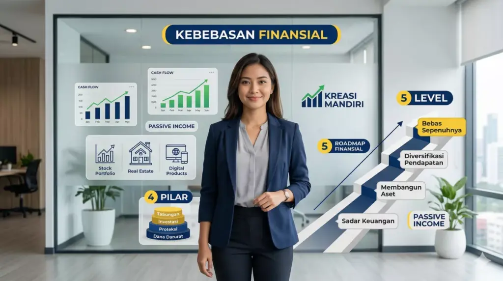 Infografis kebebasan finansial dengan peta 5 level, 4 pilar, dan jalur passive income