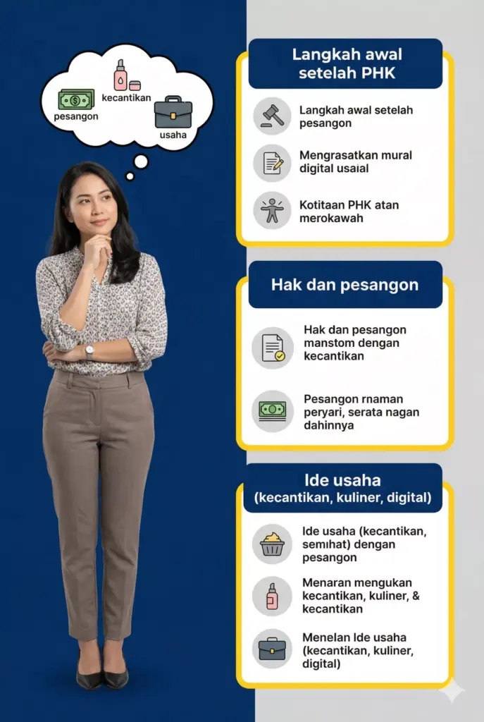 Infografis kena PHK usaha apa yang cocok setelah terima pesangon, menampilkan langkah awal, hak pesangon, dan ide usaha kecantikan, kuliner, dan digital
