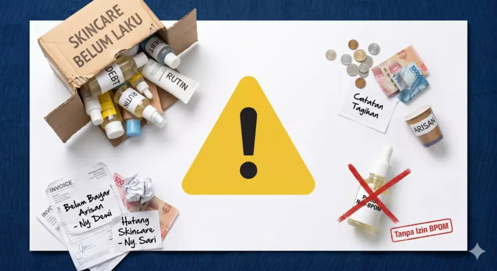 Infografis kesalahan fatal penjual skincare di arisan: gagal bayar, stok menumpuk, dan produk tanpa BPOM