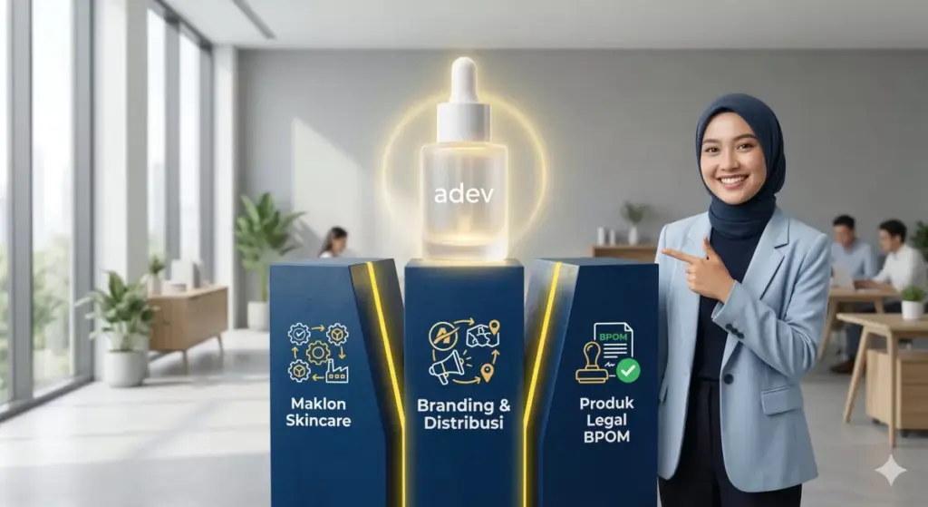Infografis tiga pilar kesuksesan pengusaha skincare yaitu maklon skincare, branding dan distribusi, serta produk legal BPOM.