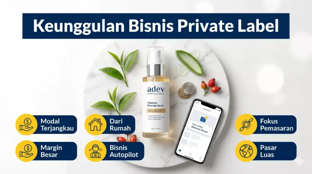 Produk skincare private label merek adev dengan infografis 6 keunggulan bisnis private label kosmetik maklon