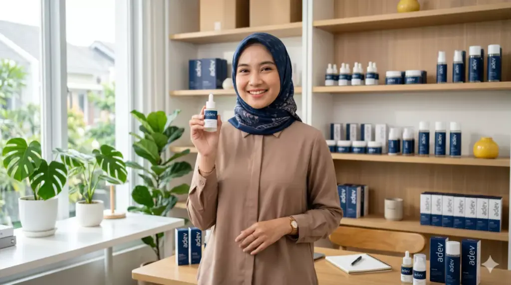 Mahasiswi Indonesia berhijab berdiri percaya diri di depan rak produk skincare brand miliknya sendiri