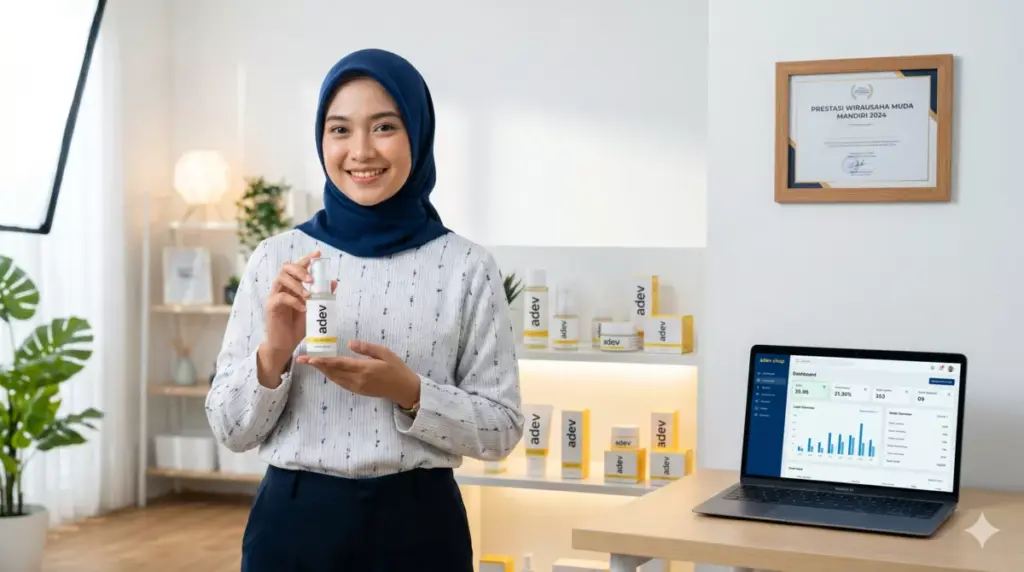 Mahasiswi Indonesia memegang produk kosmetik brand adev dengan percaya diri, melambangkan kisah sukses mahasiswa berbisnis kosmetik