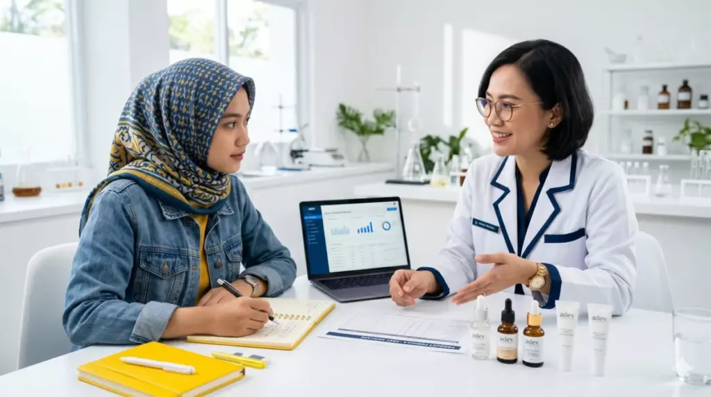 Mahasiswi berhijab berkonsultasi dengan ahli kosmetik dalam sesi maklon skincare di laboratorium