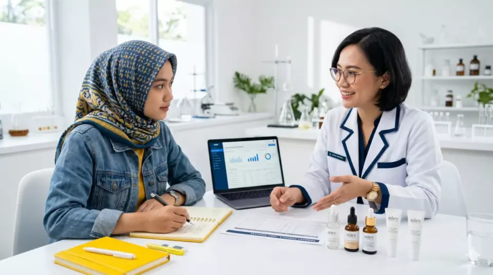 Mahasiswi berhijab berkonsultasi dengan ahli kosmetik dalam sesi maklon skincare di laboratorium