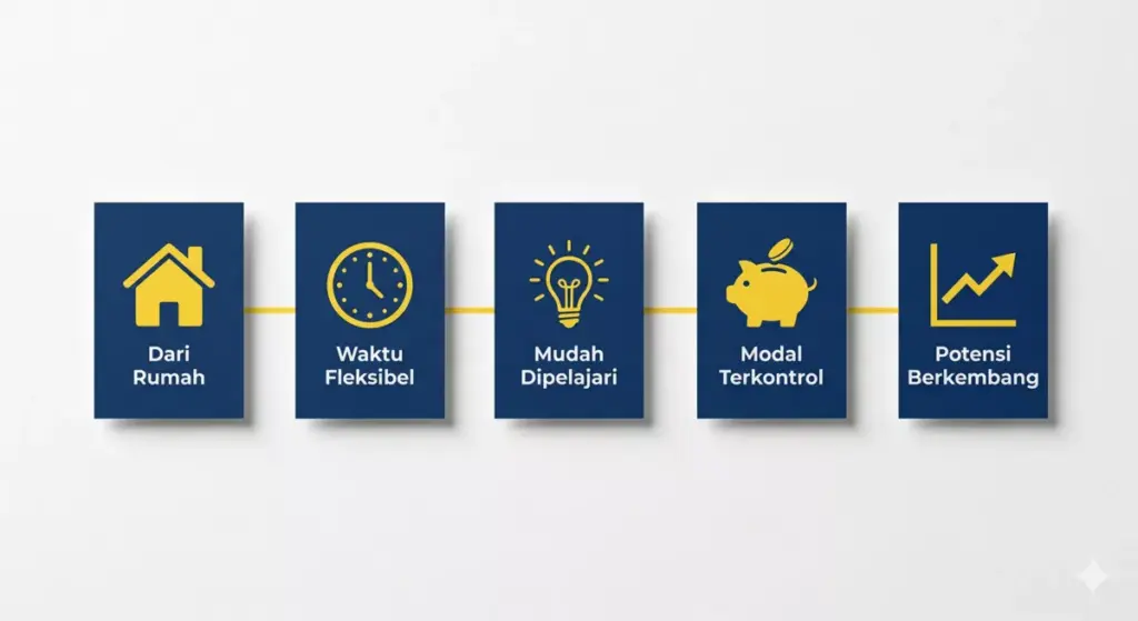 Infografis 5 kriteria peluang usaha yang cocok untuk ibu rumah tangga: fleksibel, dari rumah, modal terkontrol