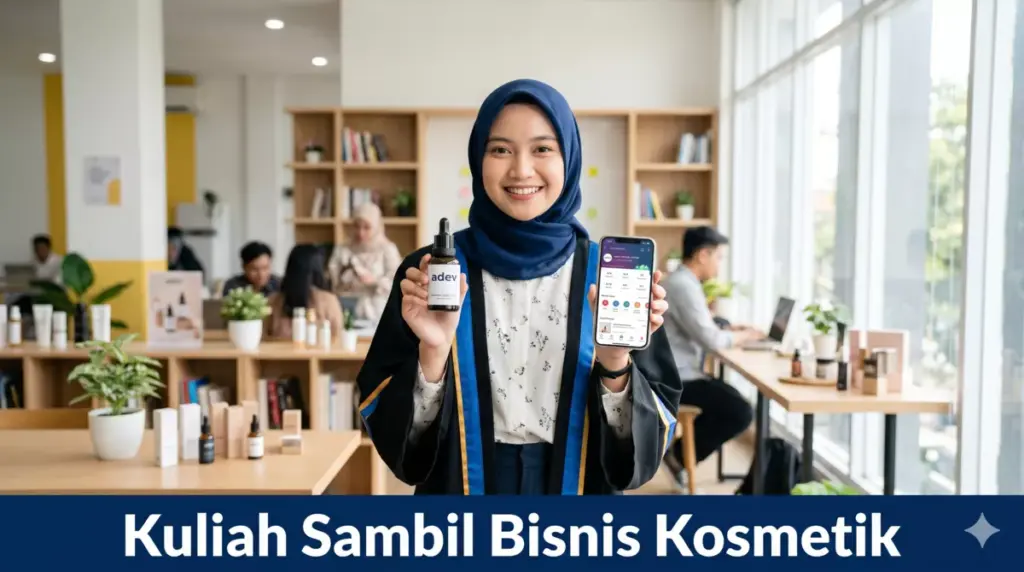 Mahasiswi berhijab memegang produk kosmetik adev sambil mengenakan toga wisuda, menggambarkan kuliah sambil bisnis kosmetik